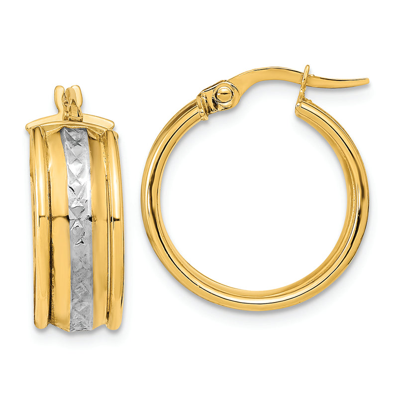 14K and White Rhodium Polished Diamond-cut Hoop Earrings