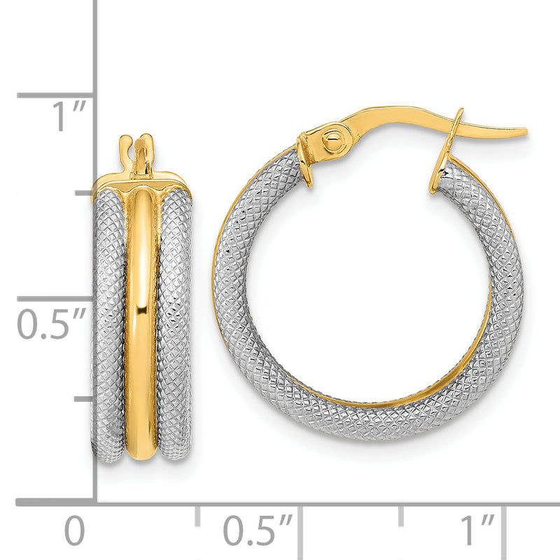 14K w/White Rhodium Polished and Textured Hoop Earrings