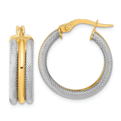 14K w/White Rhodium Polished and Textured Hoop Earrings