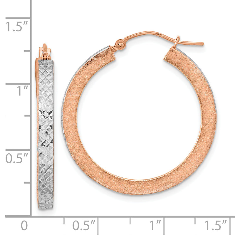 14K Rose Gold White Rhodium Polished Brushed Diamond-cut Hoop Earrings