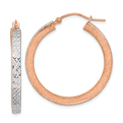 14K Rose Gold White Rhodium Polished Brushed Diamond-cut Hoop Earrings