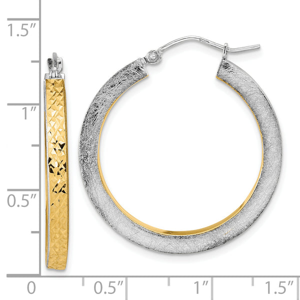 14K White Gold Yellow Rhodium Polished Brushed Diamond-cut Hoop Earrings