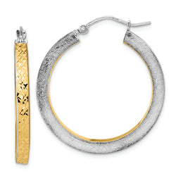 14K White Gold Yellow Rhodium Polished Brushed Diamond-cut Hoop Earrings