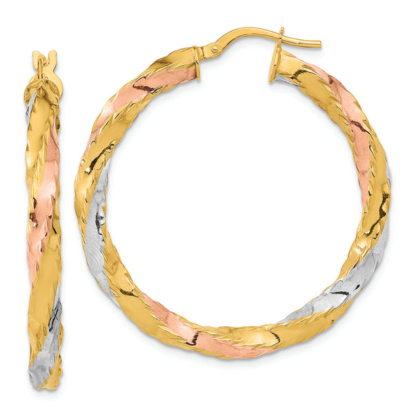 14K with Rose & White Rhodium Polished Twisted Hoop Earrings