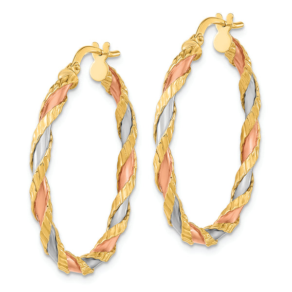 14K with Rose and White Rhodium Textured Twisted Hoop Earrings