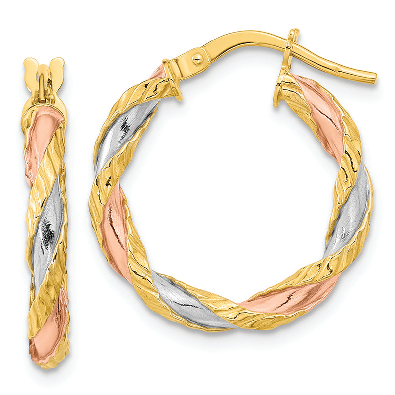 14K with Rose & White Rhodium Textured Twisted Hoop Earrings