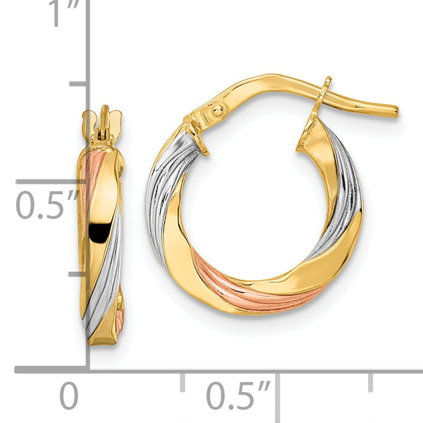 14K W/Rose & White Rhodium Polished Twisted Hoop Earrings