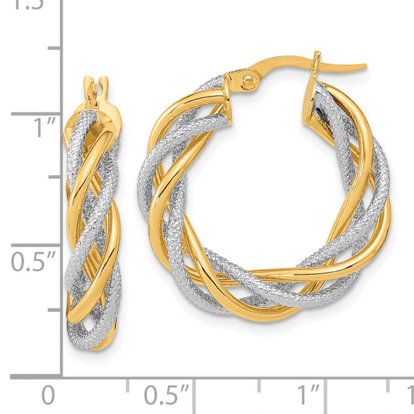 14K and White Rhodium Polished and Textured Twisted Hoop Earrings