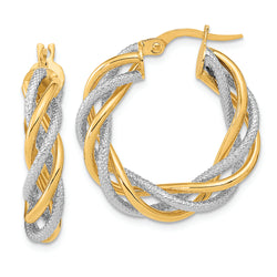 14K and White Rhodium Polished and Textured Twisted Hoop Earrings