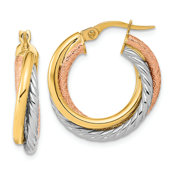 14K w/White and Rose Rhodium Polished and Textured Hoop Earrings