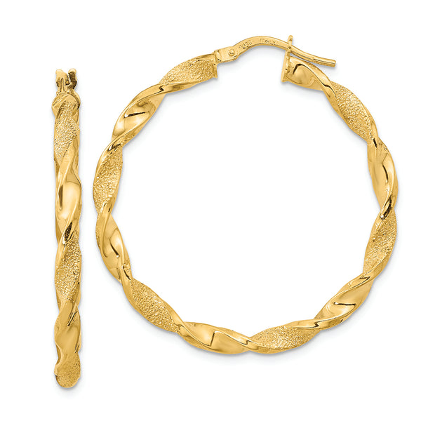 14K Polished and Textured Twisted Hoop Earrings