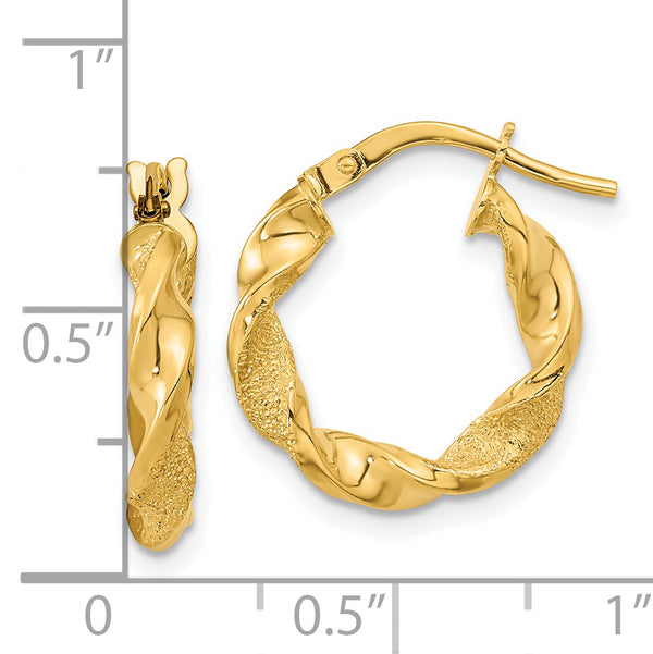 14K Polished and Textured Twisted Hoop Earrings