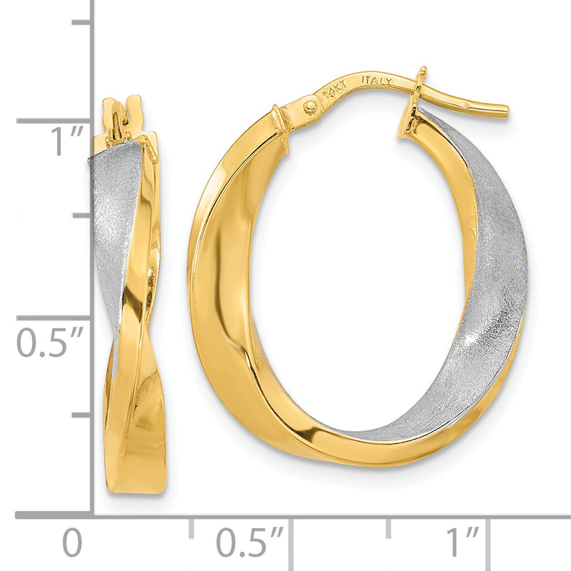 14K w/White Rhodium Polished and Satin Oval Twist Hoop Earrings