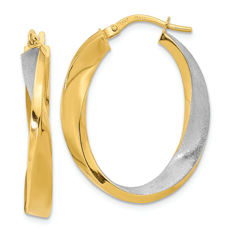 14K w/White Rhodium Polished and Satin Oval Twist Hoop Earrings