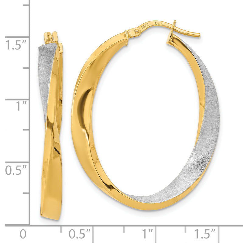 14K w/White Rhodium Polished and Satin Oval Twist Hoop Earrings