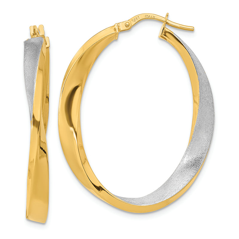 14K w/White Rhodium Polished and Satin Oval Twist Hoop Earrings