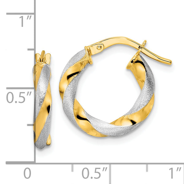 14K w/ White Rhodium Brushed and Polished Twisted Hoop Earrings