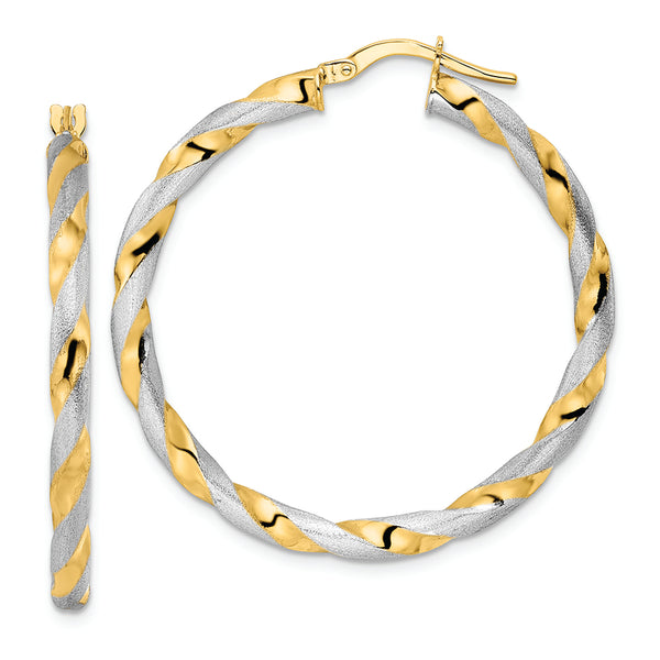 14K w/ White Rhodium Brushed and Polished Twisted Hoop Earrings