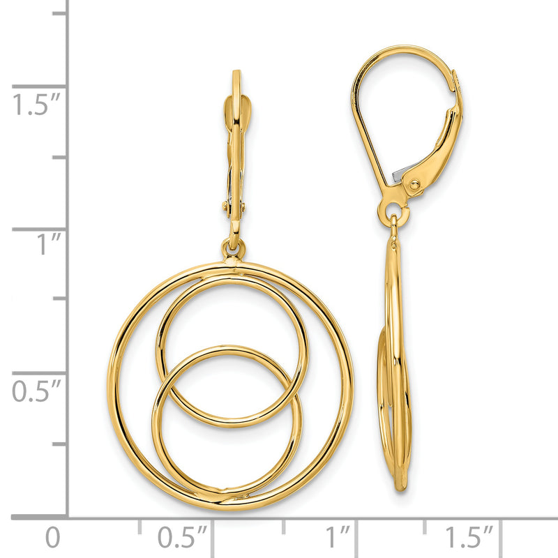 14k Polished 2 Circles in Circle Leverback Dangle Earrings