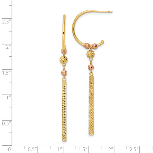 14K Two Tone J-Hoop with Diamond-cut Dangle Earrings