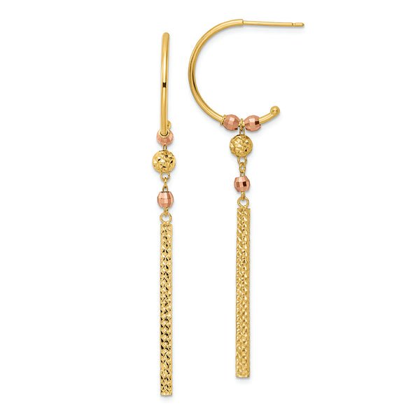 14K Two Tone J-Hoop with Diamond-cut Dangle Earrings