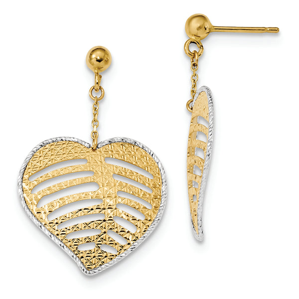 14k Two-Tone Polished Textured Filigree Heart Dangle Post Earrings