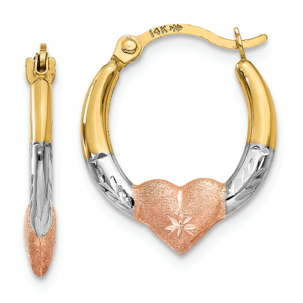 14K & White and Rose Rhodium Heart Hoop Earrings