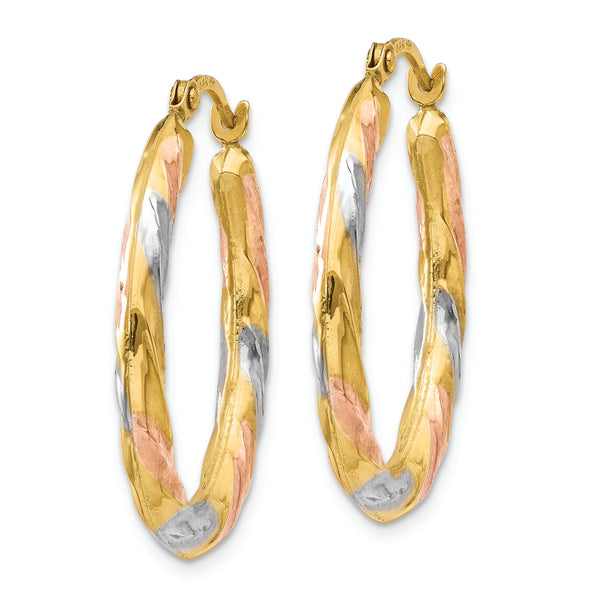 14K & White & Rose Rhodium Oval Hollow Scallop Hoop Earrings