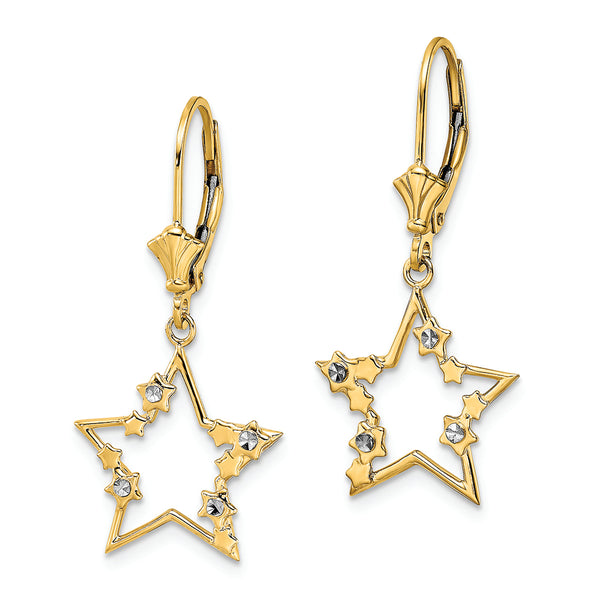 14k & White Rhodium D/C Stars Leverback Earrings