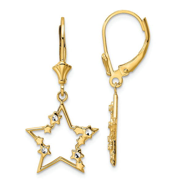 14k & White Rhodium D/C Stars Leverback Earrings