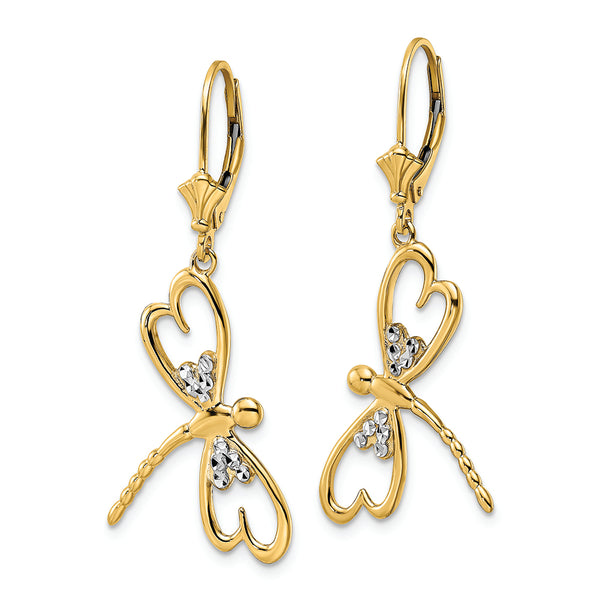 14k & White Rhodium D/C Dragonfly Leverback Earrings