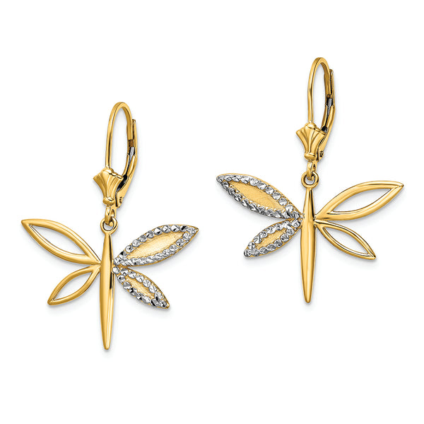 14k & White Rhodium D/C Dragonfly Leverback Earrings