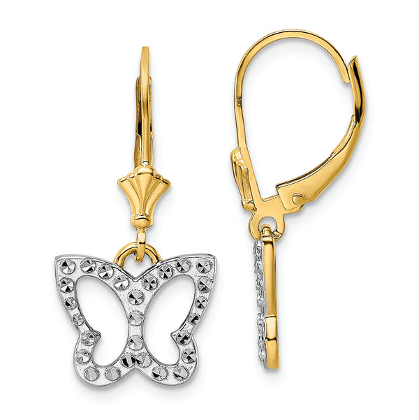 14k & White Rhodium D/C Butterfly Leverback Earrings