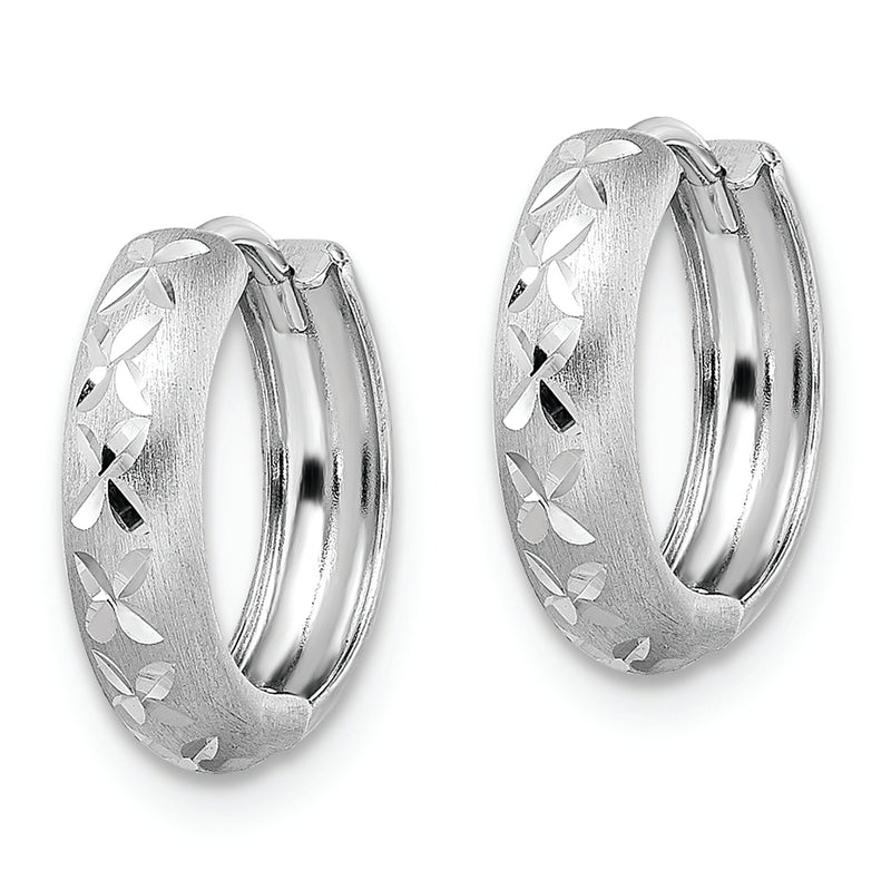 14k White Gold Diamond-cut X Satin 3x13mm Hinged Hoop Earrings