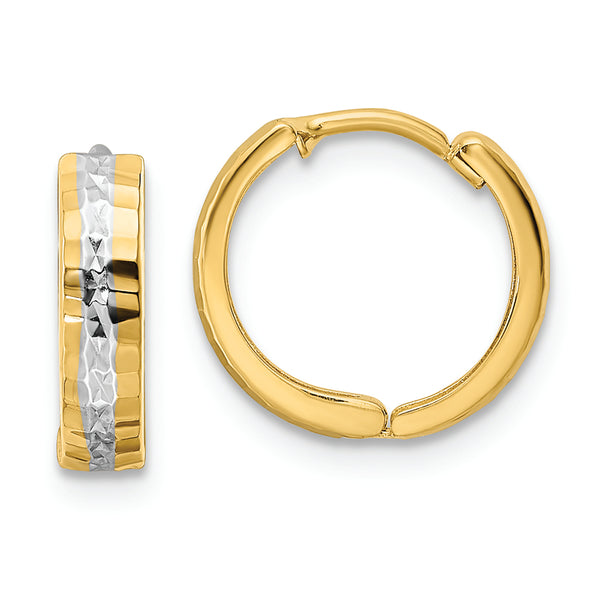 14k w/Rhodium Diamond-cut 3x12mm Hinged Hoop Earrings