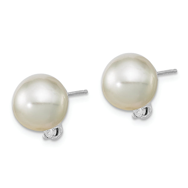 14KW 9-10mm Round White Saltwater South Sea Pearl and Diamond Earrings