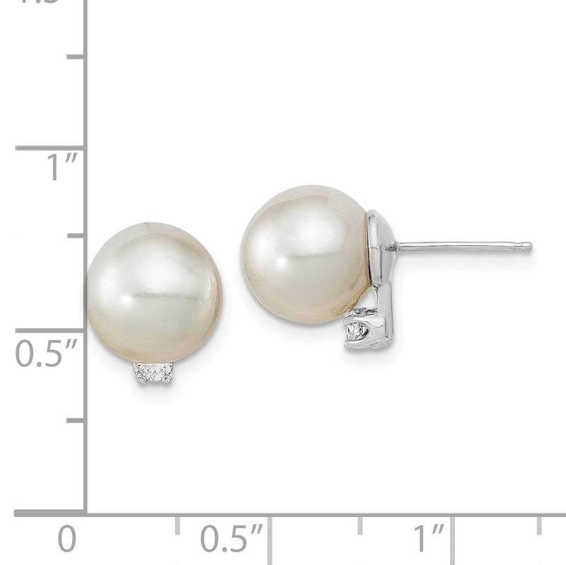 14KW 9-10mm Round White Saltwater South Sea Pearl and Diamond Earrings