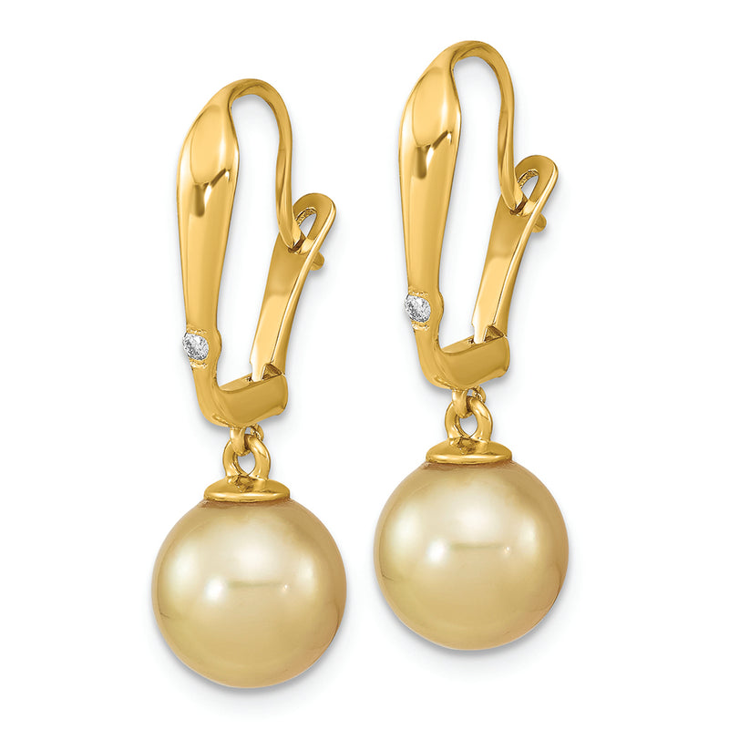 14K 9-10mm Round Golden Saltwater South Sea Pearl .02ct Dia. Earrings