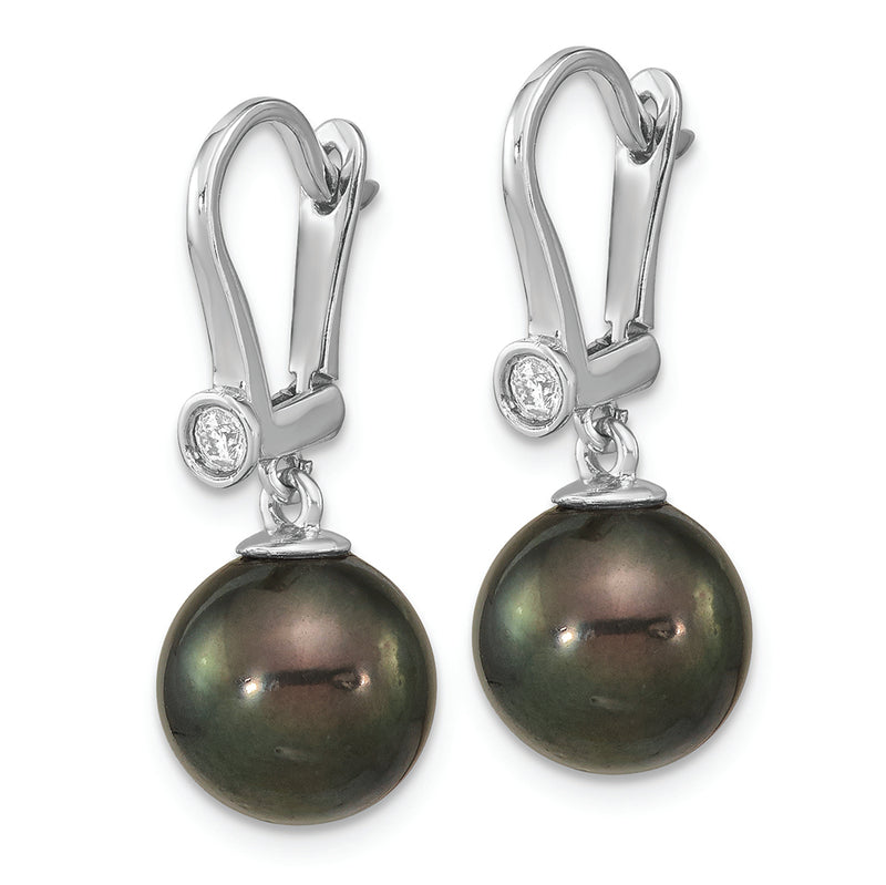 14K White Gold 9-10mm Round Black Saltwater Tahitian Pearl .10ct Dia. Dang