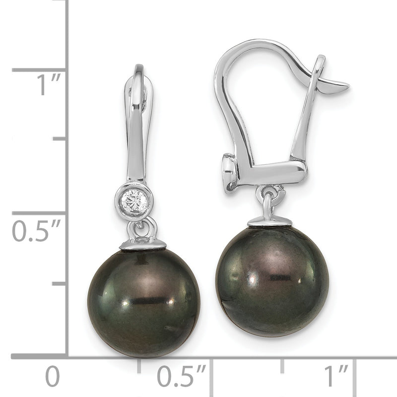 14K White Gold 9-10mm Round Black Saltwater Tahitian Pearl .10ct Dia. Dang