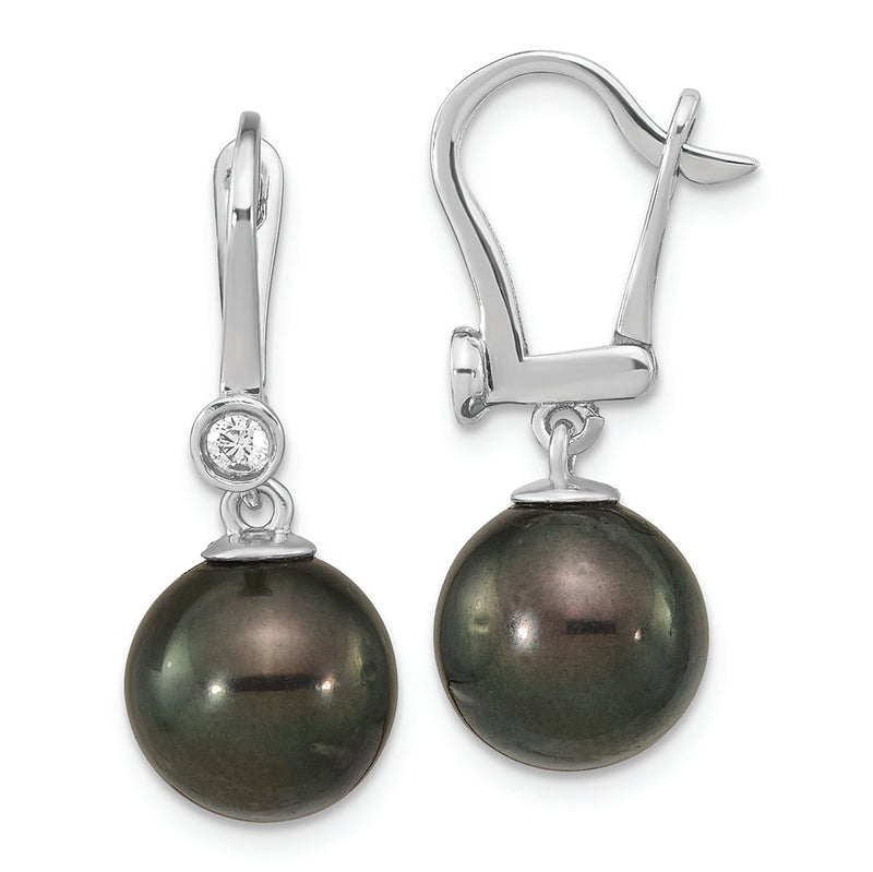 14K White Gold 9-10mm Round Black Saltwater Tahitian Pearl .10ct Dia. Dang