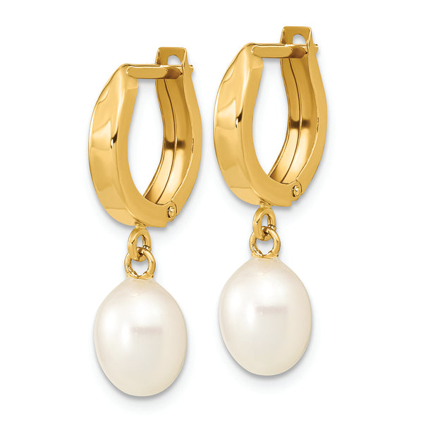 14K 6-7mm Rice White FWC Pearl Hoop Dangle Earrings