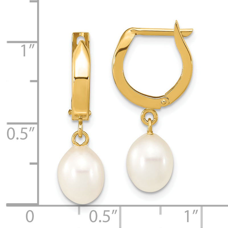 14K 6-7mm Rice White FWC Pearl Hoop Dangle Earrings