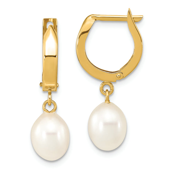 14K 6-7mm Rice White FWC Pearl Hoop Dangle Earrings