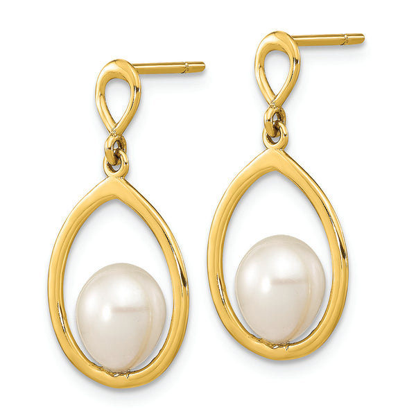 14K 6-7mm Teardrop White FWC Pearl Dangle Earrings