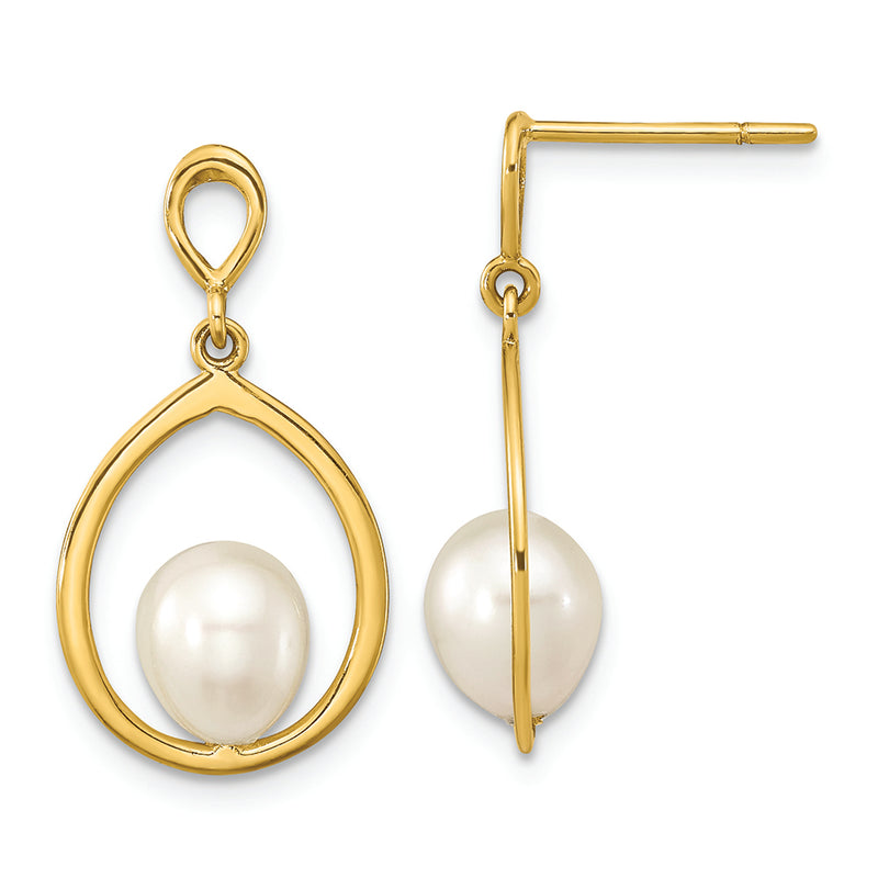 14K 6-7mm Teardrop White FWC Pearl Dangle Earrings