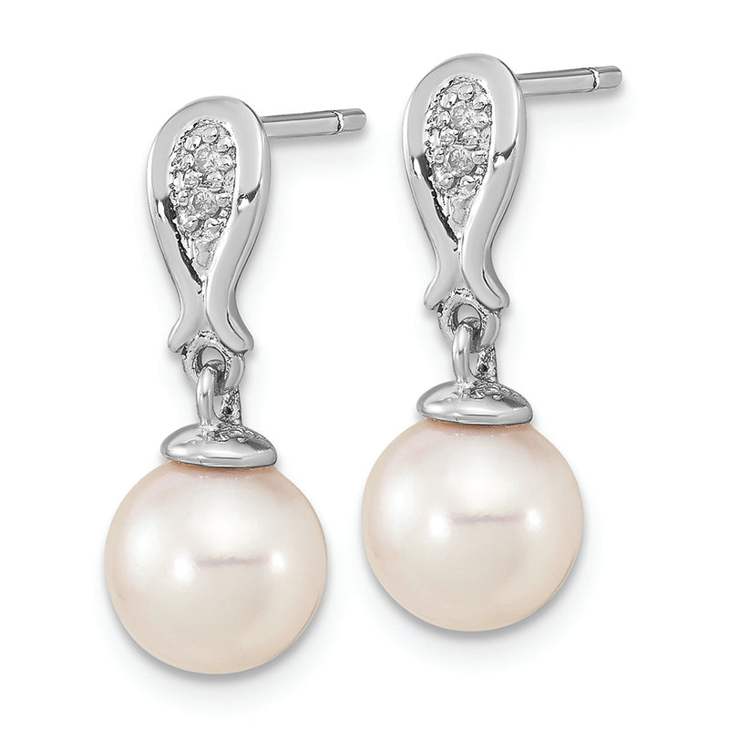 14K WG 7-8mm Round White Saltwater Akoya Pearl .03ct Dia. Dangle Earrings