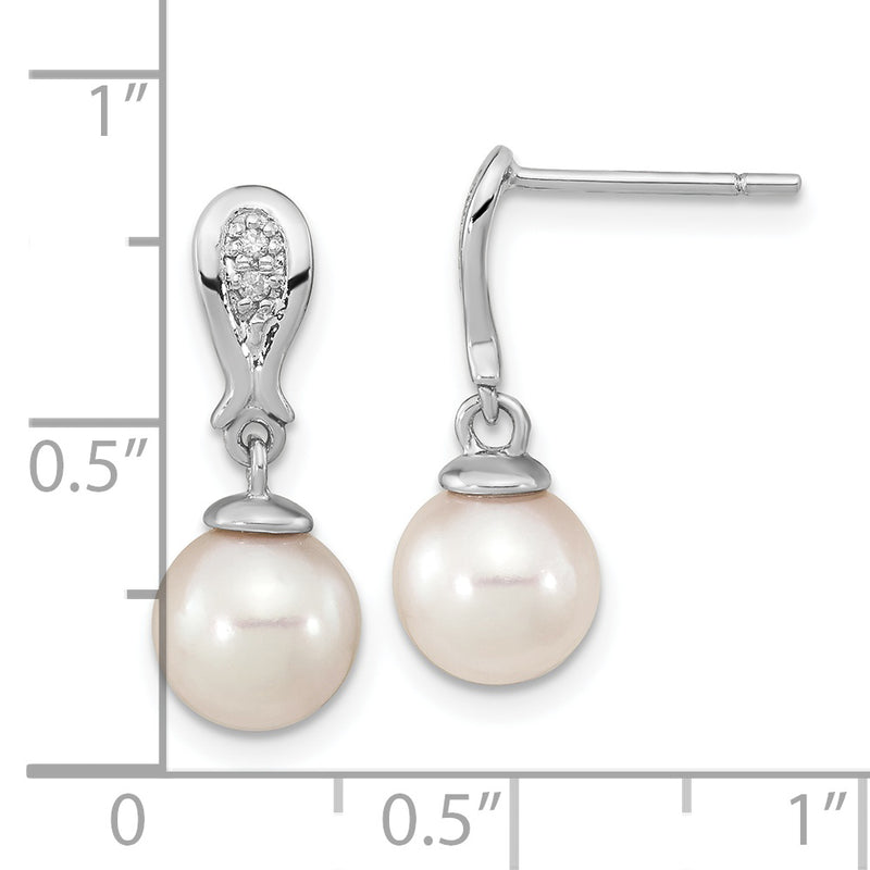 14K WG 7-8mm Round White Saltwater Akoya Pearl .03ct Dia. Dangle Earrings