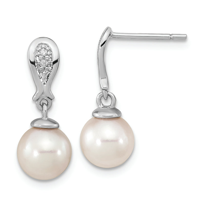 14K WG 7-8mm Round White Saltwater Akoya Pearl .03ct Dia. Dangle Earrings