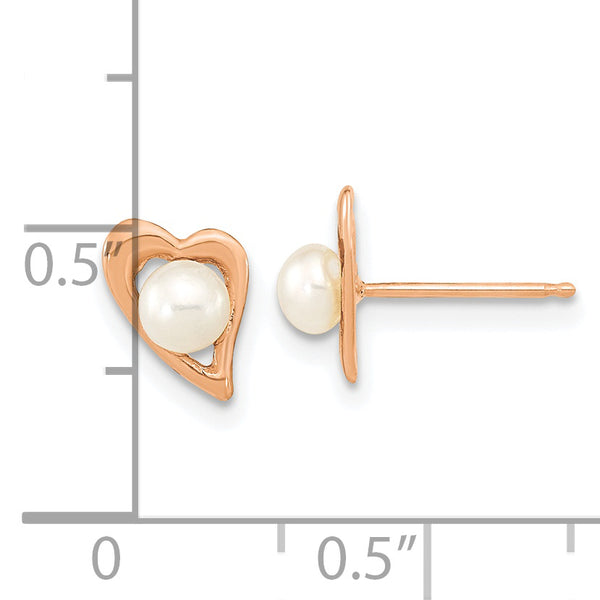 14K Rose Gold 3-4mm Button White FWC Pearl Heart Earrings